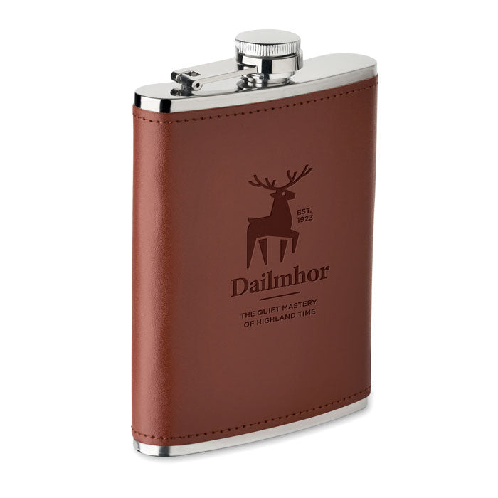 Branded Slim Hip Flask with PU Cover 200ml in Brown