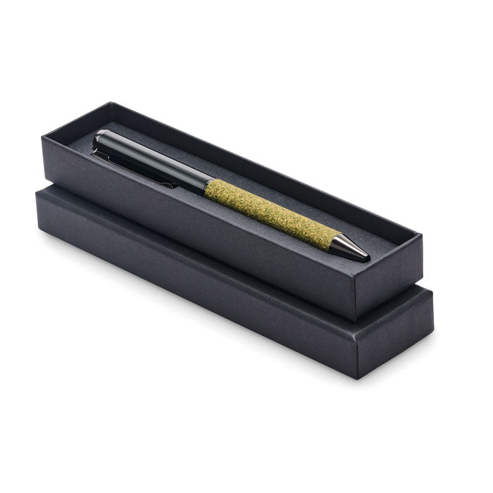 Branded twist pen with tea ground and cork barrel