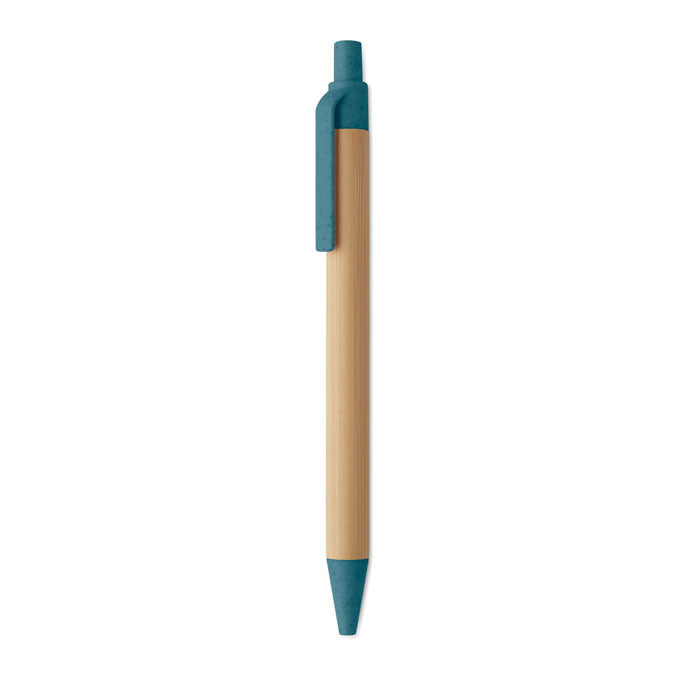 Branded Bamboo Ball Pen with Wheat Straw Fittings in Blue