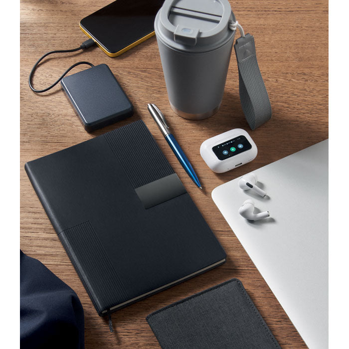 Branded A5 Soft PU Notebook with Metal Detail in use