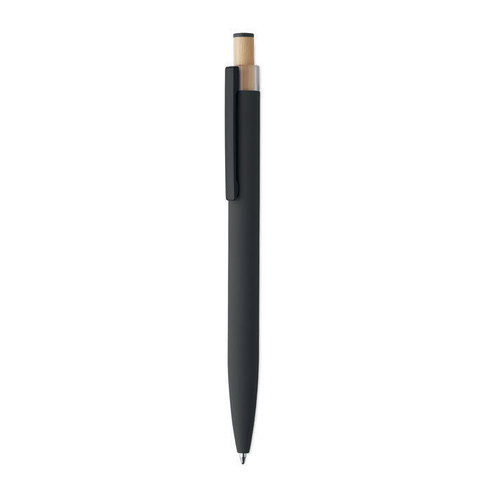 Branded Recycled Aluminium Pen with Bamboo Button and Colour Detail in Black