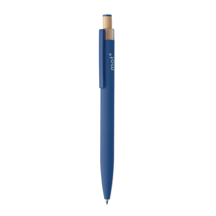 Branded Recycled Aluminium Pen with Bamboo Button and Colour Detail in Blue