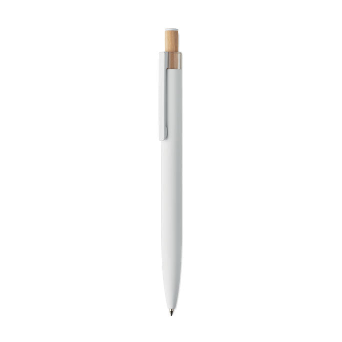 Branded Recycled Aluminium Pen with Bamboo Button and Colour Detail in White