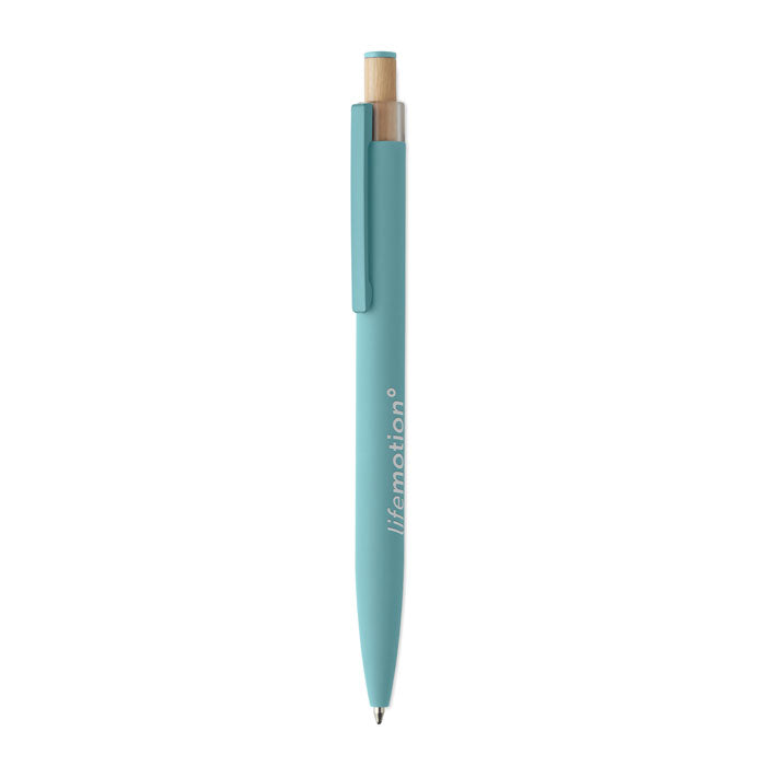 Branded Recycled Aluminium Pen with Bamboo Button and Colour Detail in Blue