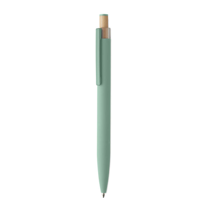 Branded Recycled Aluminium Pen with Bamboo Button and Colour Detail in Green