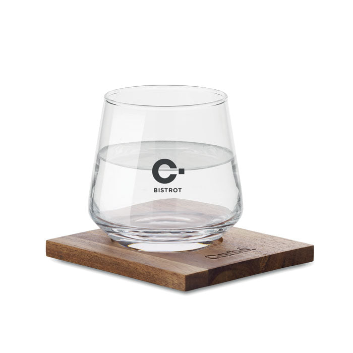 Branded whisky glass with wooden coaster, printed