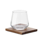 Branded whisky glass with wooden coaster