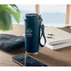 Branded recycled steel tumbler with carry strap, printed