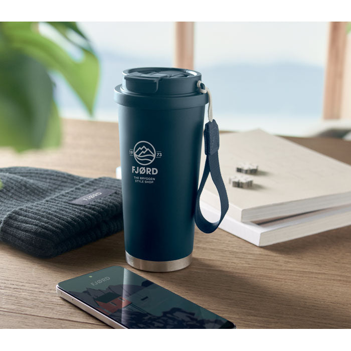 Branded recycled steel tumbler with carry strap, printed