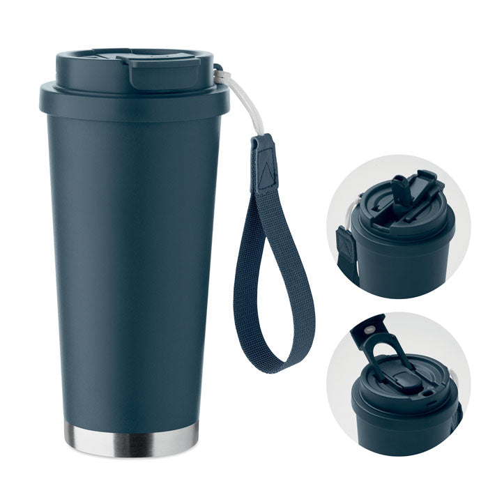 Branded recycled steel tumbler with carry strap, 500ml