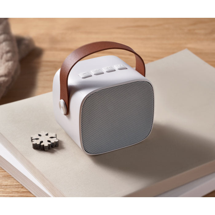 Branded Recycled ABS Wireless Speaker with PU Handle in use