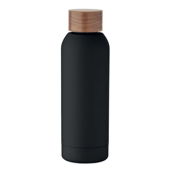 Branded Recycled Steel Bottle with Acacia-Finish Lid in Black