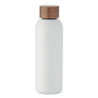 Branded Recycled Steel Bottle with Acacia-Finish Lid in White