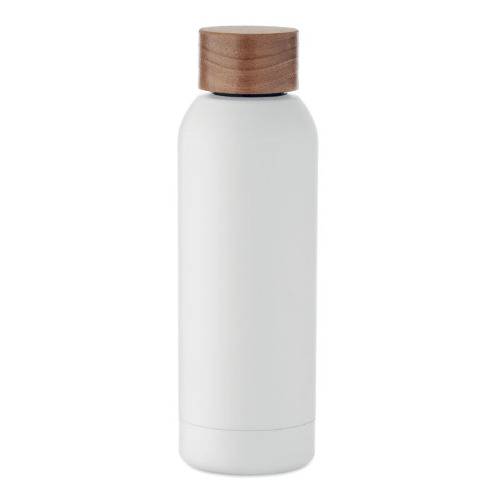 Branded Recycled Steel Bottle with Acacia-Finish Lid in White