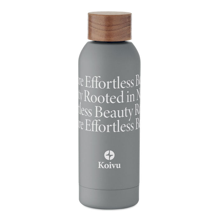 Branded Recycled Steel Bottle with Acacia-Finish Lid in Grey