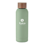 Branded Recycled Steel Bottle with Acacia-Finish Lid in Green