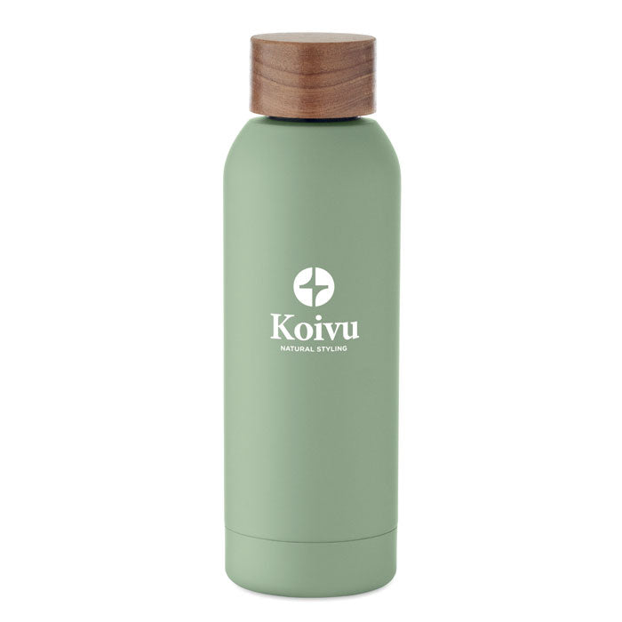 Branded Recycled Steel Bottle with Acacia-Finish Lid in Green