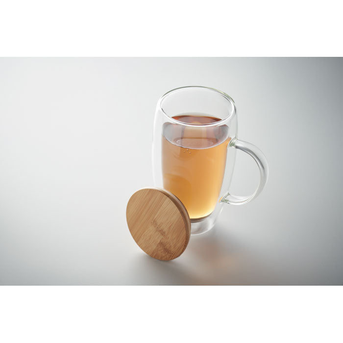 Branded Double Wall Glass Mug with Bamboo Lid - 450ml without branding