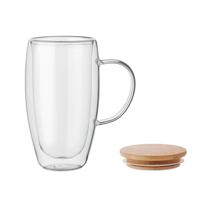 Branded Double Wall Glass Mug with Bamboo Lid - 450ml without branding