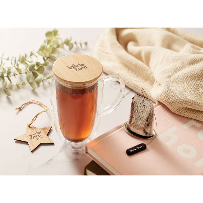 Branded double wall glass mug, printed