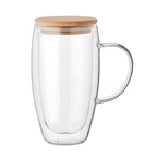 Branded double wall glass mug with bamboo lid, 450ml