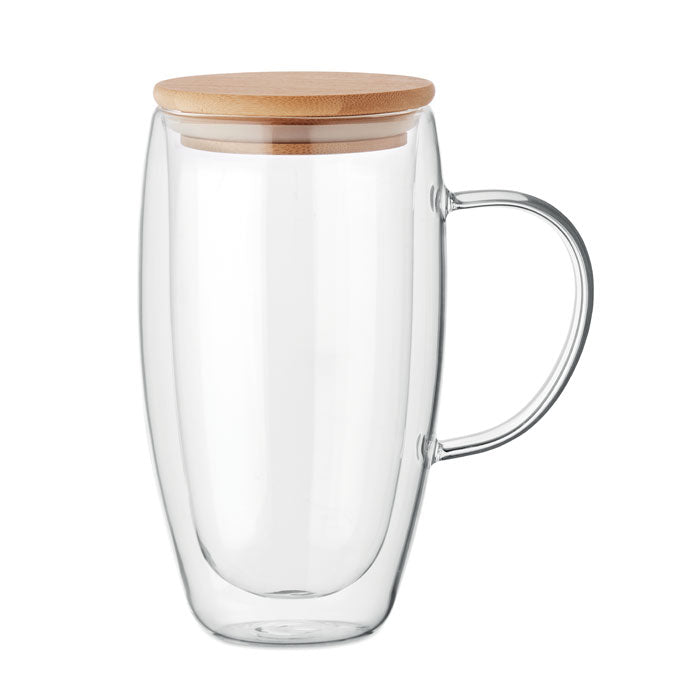 Branded double wall glass mug with bamboo lid, 450ml