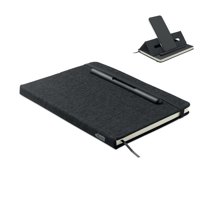 Branded A5 RPET Notebook with Phone Holder and 2-in-1 Pen in Black