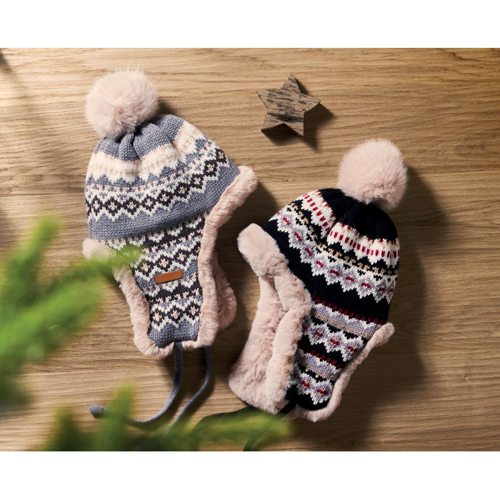 Branded Knitted Beanie with Ear Flaps in use