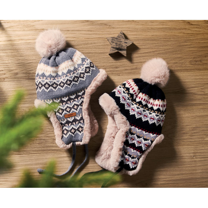 Branded Knitted Beanie with Ear Flaps in use
