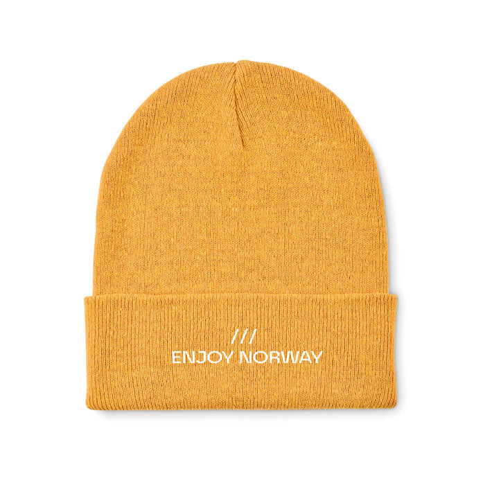 Branded Knitted Beanie with Cuff in Yellow