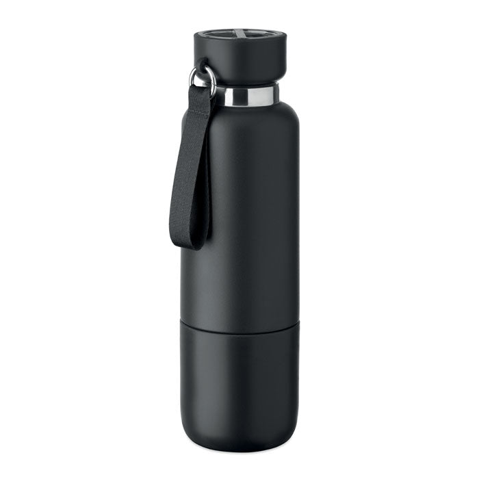 Branded Vacuum Bottle with Long Strap and Cup in Black