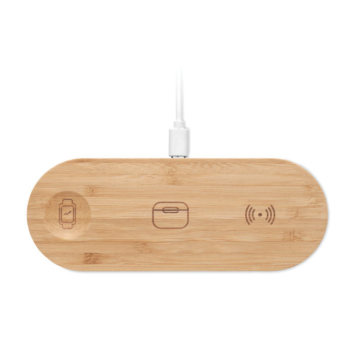 Branded Bamboo 3 in 1 Wireless Charging Station without branding