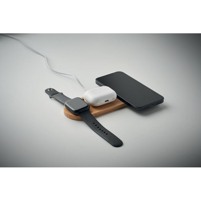 Branded Bamboo 3 in 1 Wireless Charging Station without branding