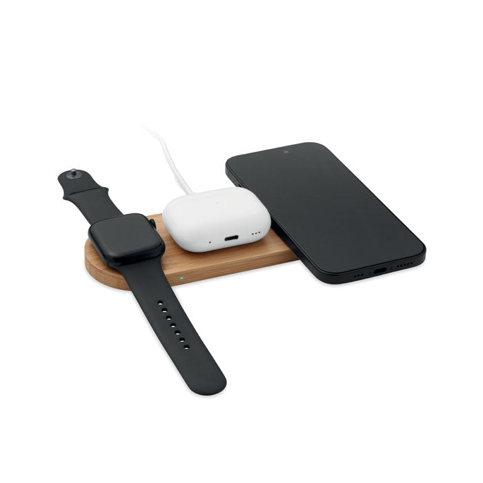 Branded Bamboo 3 in 1 Wireless Charging Station without branding