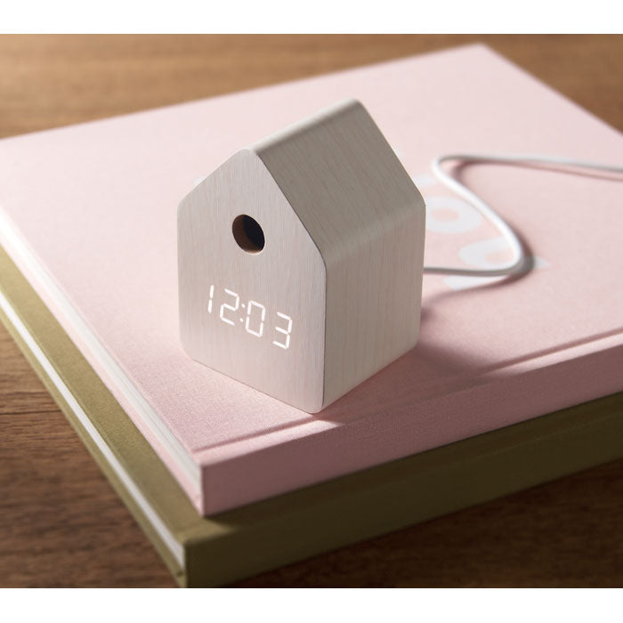 Branded Small MDF Cuckoo Desk Clock in use