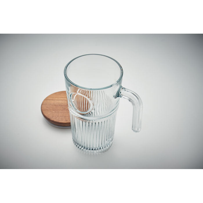Branded large glass mug with acacia lid, top view