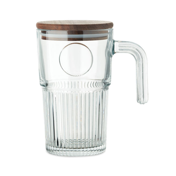 Branded large glass mug with acacia lid