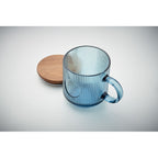 Branded Ribbed Glass Mug with Acacia Lid in use