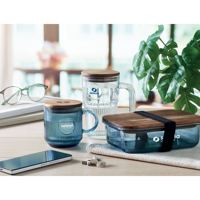 Branded Ribbed Glass Mug with Acacia Lid in use