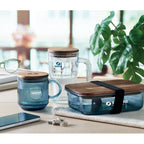 Branded ribbed glass mug with acacia lid, printed