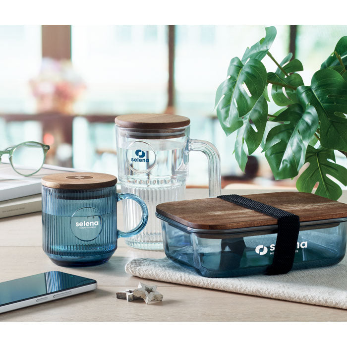 Branded ribbed glass mug with acacia lid, printed