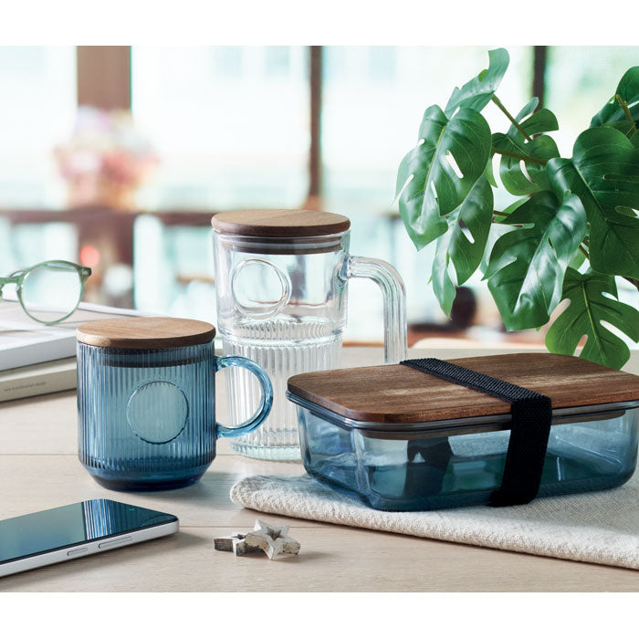 Branded Ribbed Glass Mug with Acacia Lid without branding