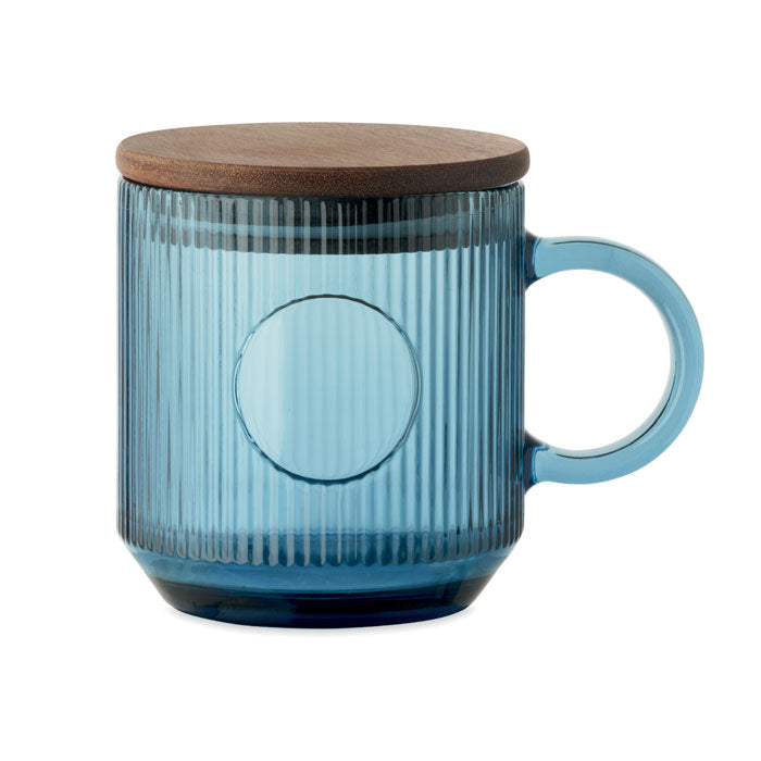 Branded ribbed glass mug with acacia lid