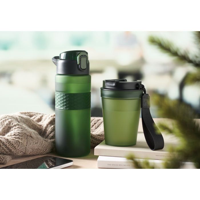 Branded RPET bottle with silicone grip, in use