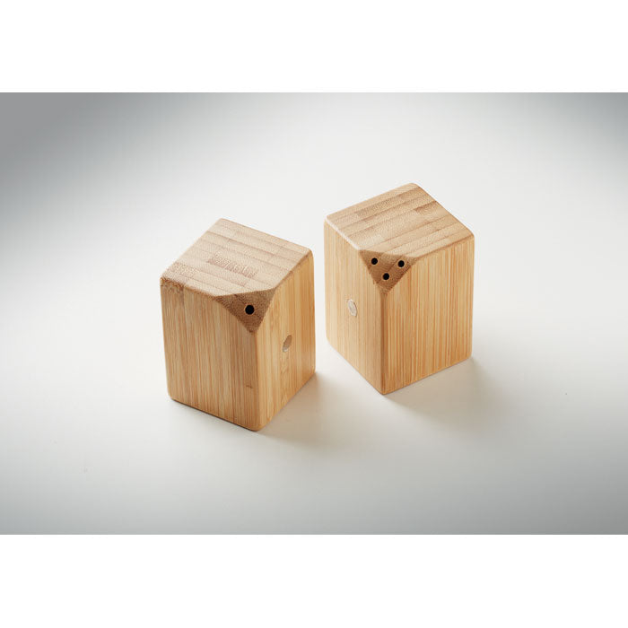 Branded Magnetic Bamboo Salt and Pepper Set in use