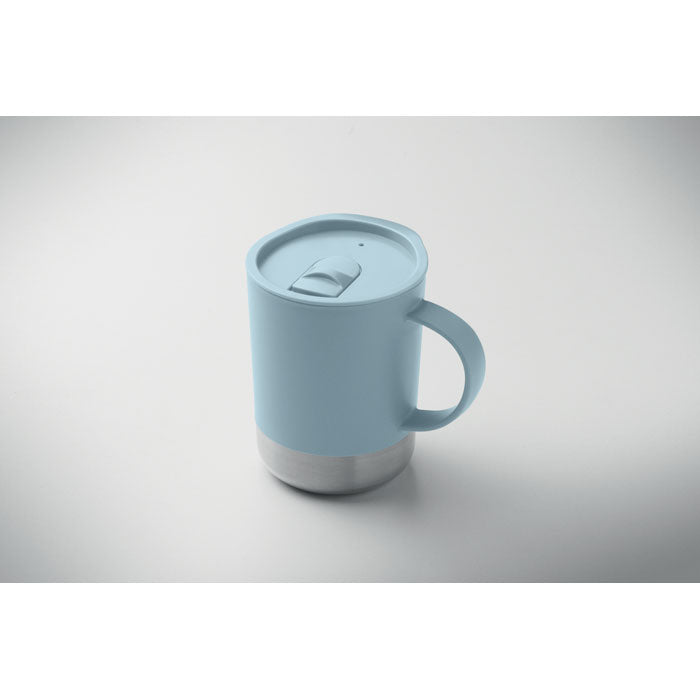 Branded Mug with Steel Base and Sliding Lid in use