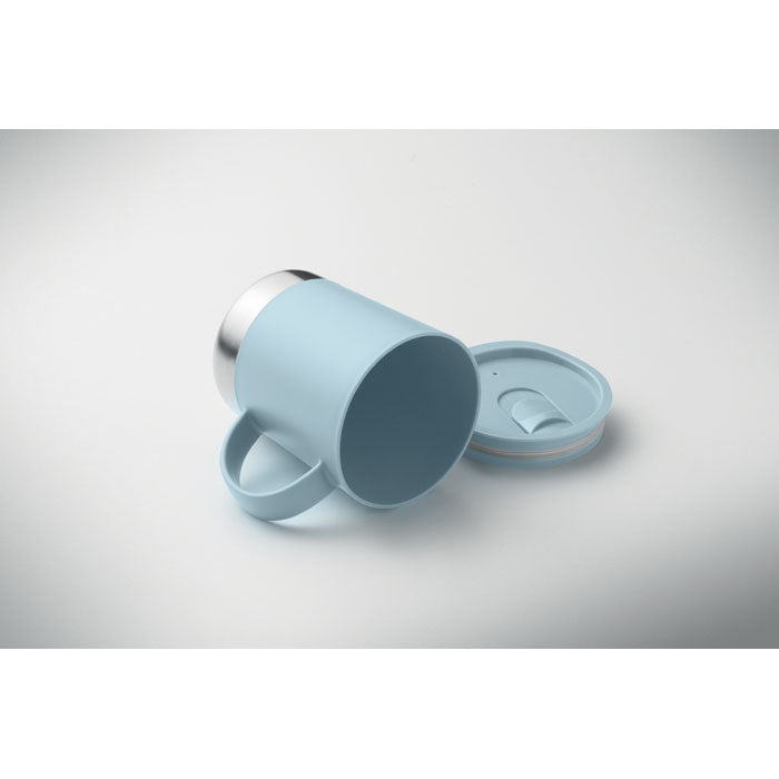 Branded Mug with Steel Base and Sliding Lid in use