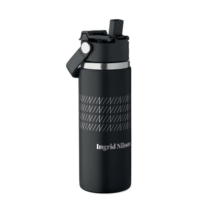 Branded Vacuum Bottle with Sip Straw Handle in Black