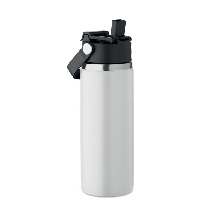 Branded Vacuum Bottle with Sip Straw Handle in White