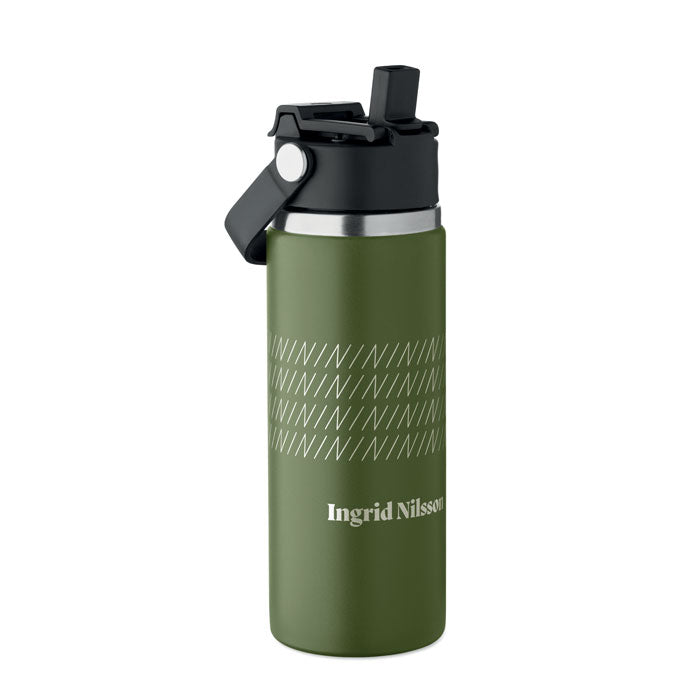 Branded Vacuum Bottle with Sip Straw Handle in Green